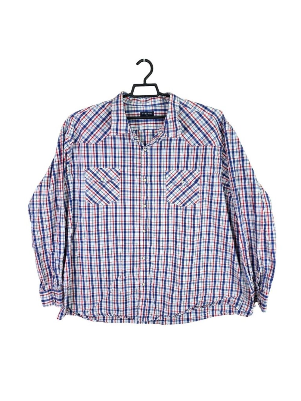 Mens Double Pump Red White & Blue Plaid Button Up Shirt Long Sleeve Cotton 4XL